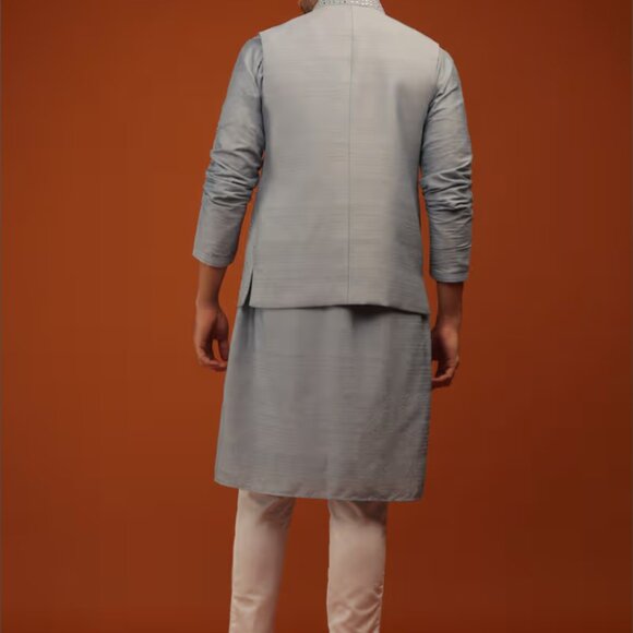 BRAND NEW Harbor Grey Nehru Jacket And Kurta Set In Art Silk KALKI Size M/38 - Picture 3 of 7